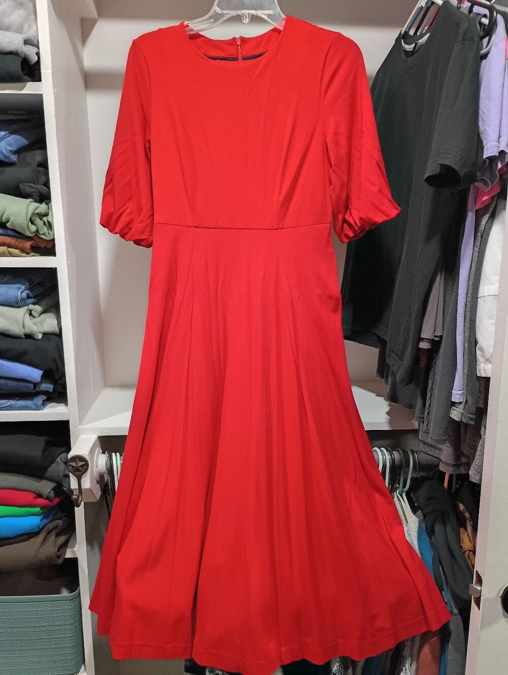 Boden Red Puff Sleeve Swing Midi Dress
